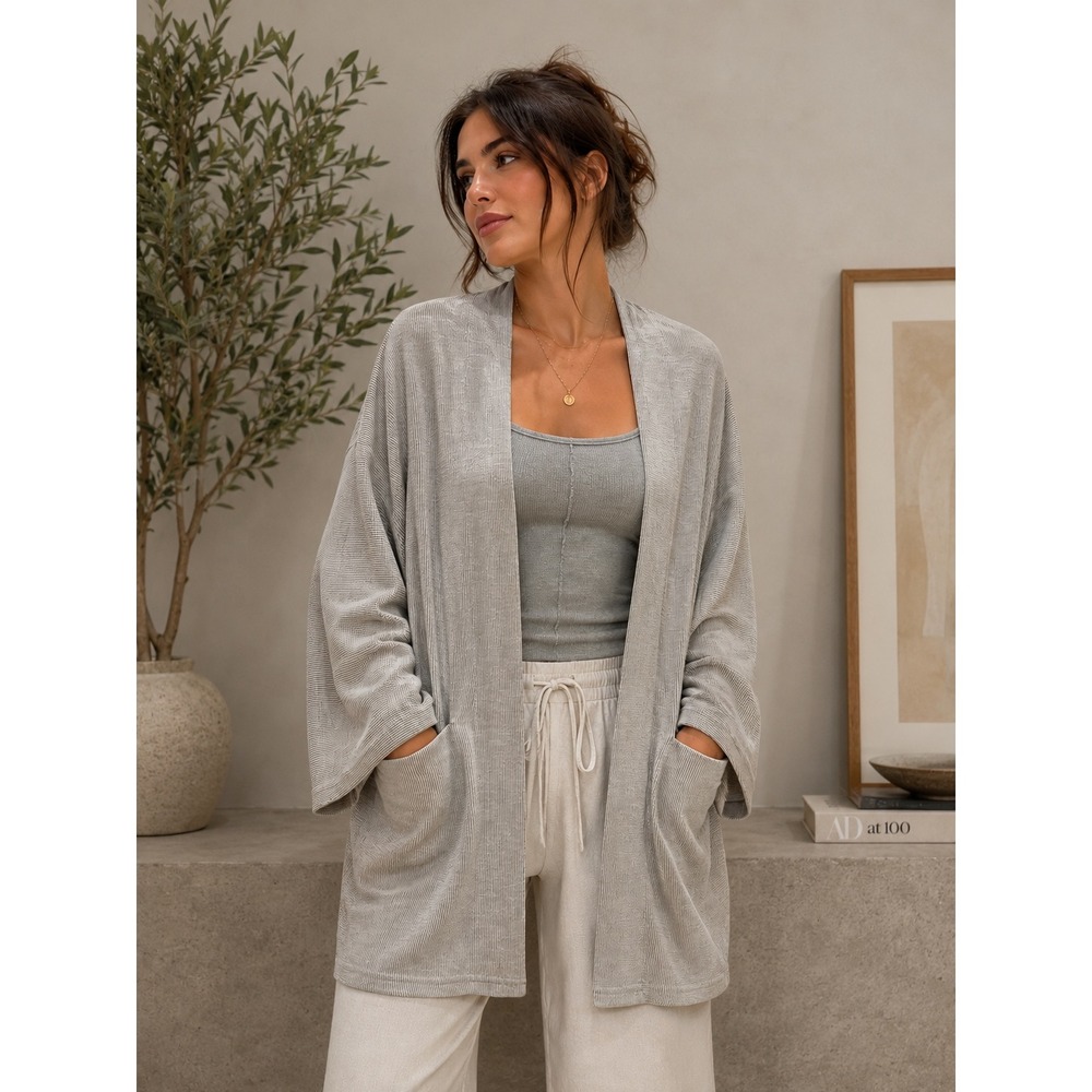 DONNI Cardigan One Size Grey White Striped Open Front Ribbed Pockets Lagonlook